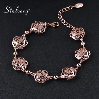 

SINLEERY Rose Flower Hollow Bangle For Women Rose Gold Silver Color Inlay Crystal Small Beads Girl Bracelet Jewelry SL418 SSB