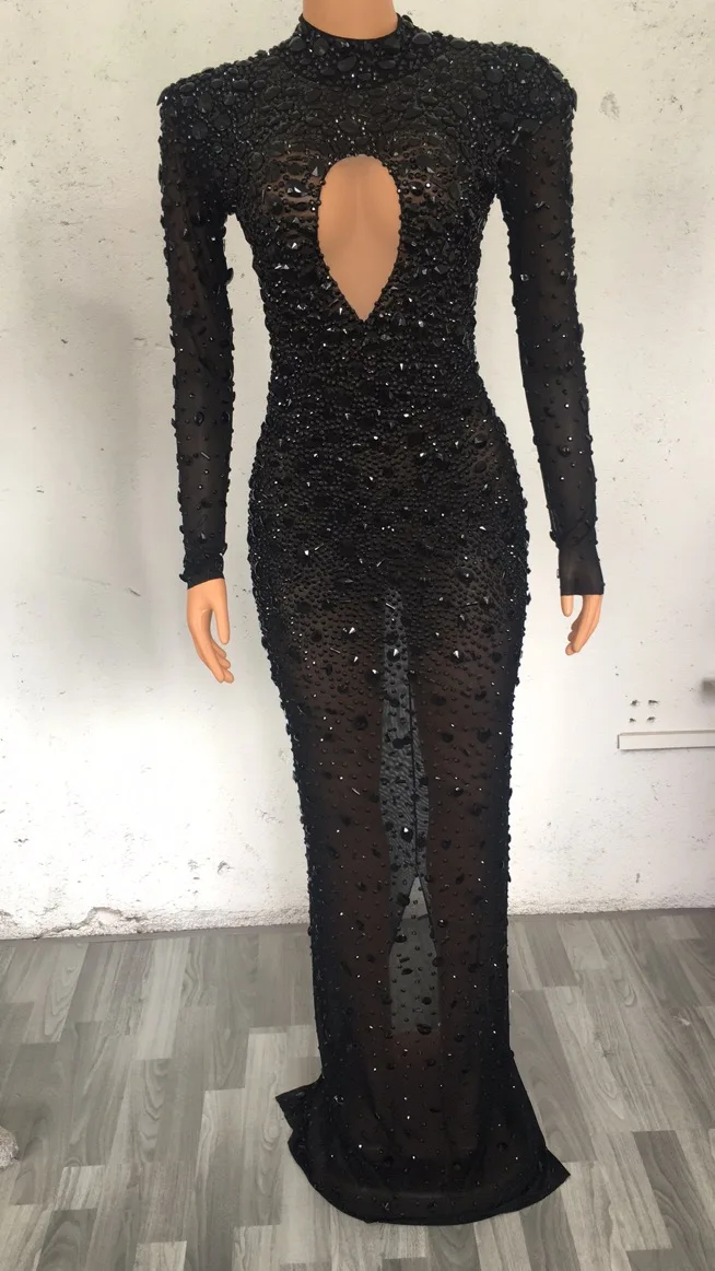 Flashing Silver Crystals Stones Sexy Transparent Long Dress Evening Birthday Celebrate Mesh Stretch Dance Long Sleeves Dress