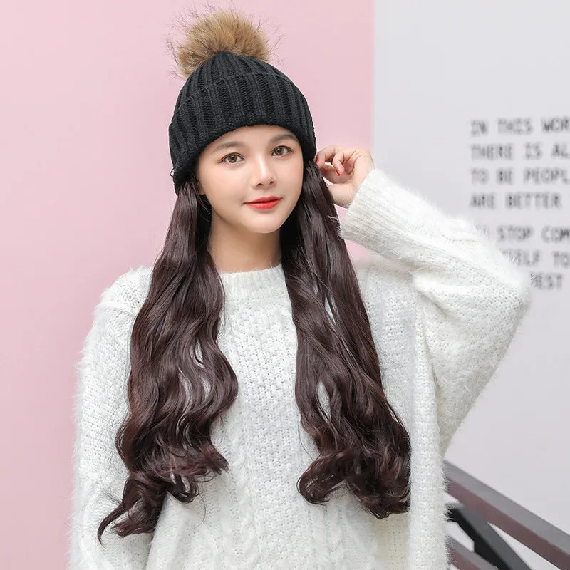 Модные зимние шляпы для женщин Skullies Beanies вязаная шапка парик все-в-одном парик шляпа капот