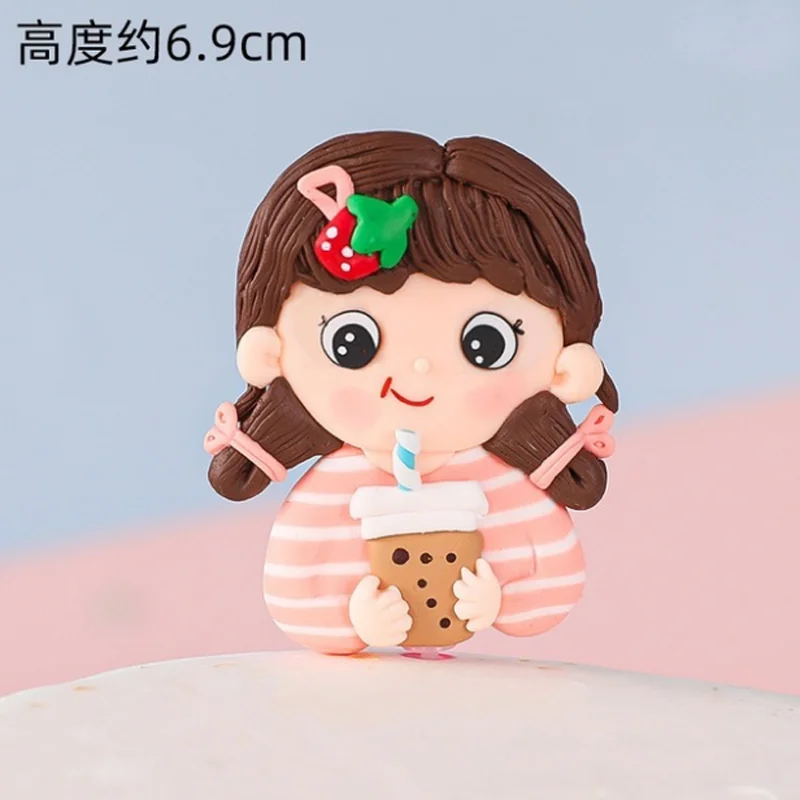 Strawberry Girl Cartoon Cute Soft Pottery Birthday Party Cake Topper