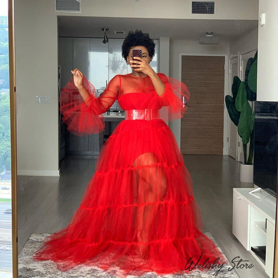 Red Women Tulle Sheer Overlay Dresses 2020 Long