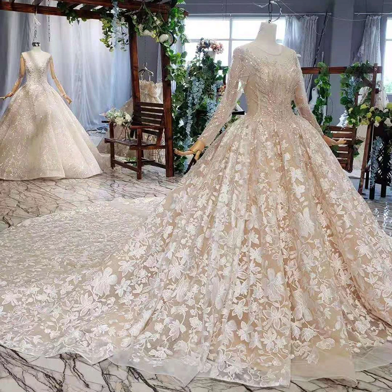 HTL732 тюлевые Свадебные платья с рукавами, с круглым вырезом, со шнуровкой, с открытой спиной, большие размеры, свадебные платья с длинным шлейфом vestito sposa