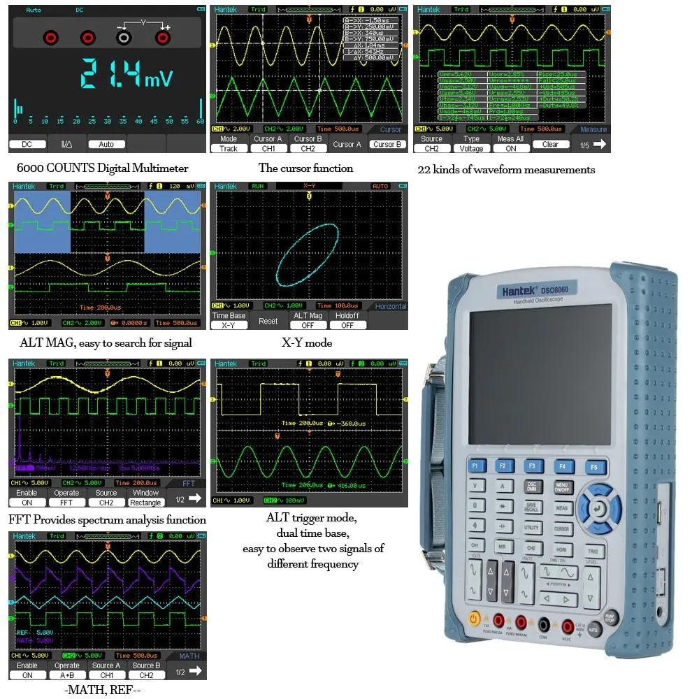 Hantek DSO8060 Handheld Digital Oscilloscope 60MHz 250MSa/s 2CH 5-in-1 Oscilloscope/DMM/Spectrum Analyzer/Frequency Counter/Arbtrary Waveform generator 