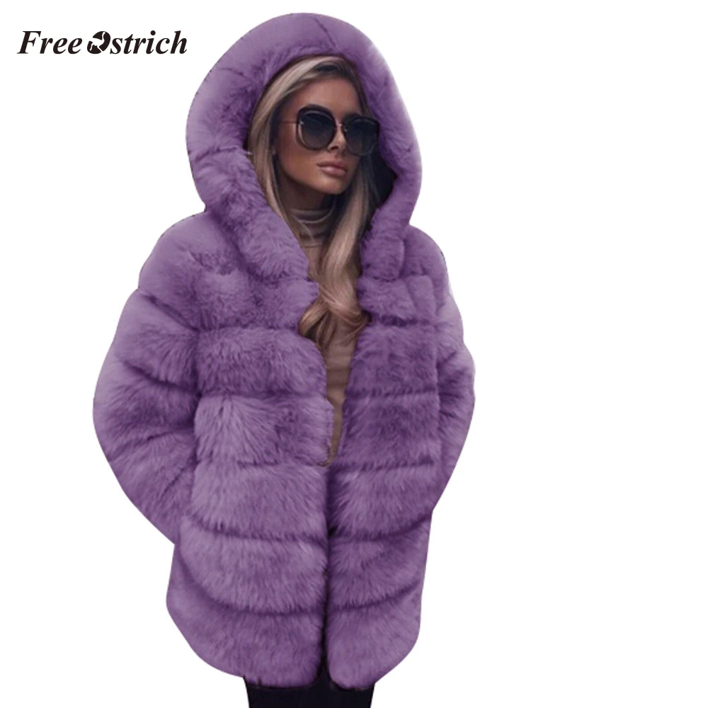 Free Ostrich Fluffy Hoodie Faux Fur Coat Women Winter Solid Winter Warm Overcoat Female Plus Size Long Casual Outerwear 91023