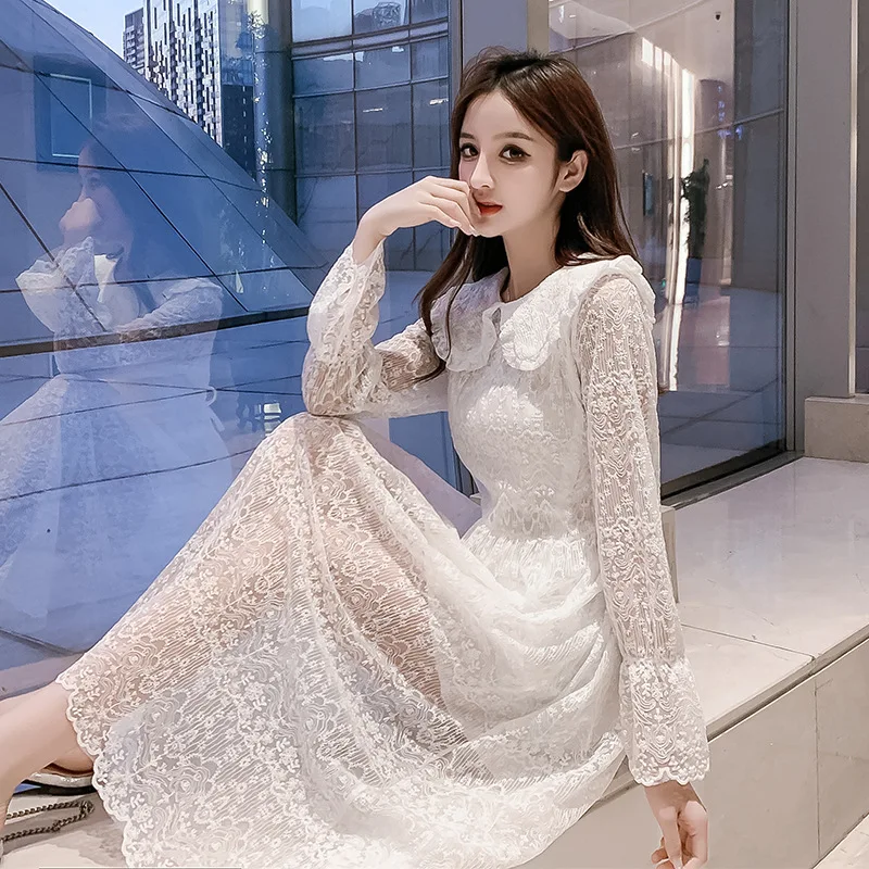 

2020 Spring WOMEN'S Dress New Style Popular Skirt Women's Peter Pan Collar French First Love Long Sleeve Lace Dress Spring Cloth