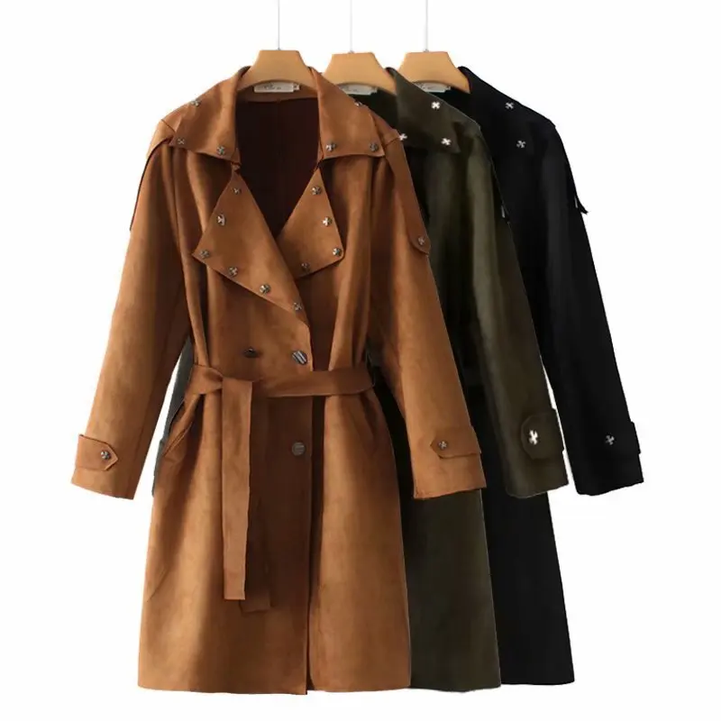 

Europe And America WOMEN'S Dress 2018 New Style Cross Suede Double Breasted Belt Trench Coat Women's