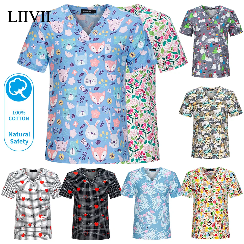 Animal Printing Workwear Pharmacist Scrubs Tops Cartoon Print Dental