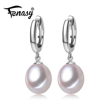 

FENASY 925 Sterling Silver Long Earrings For Women Natural Freshwater Pearl Earrings Classic Simple Round Shape With Jewelry Box
