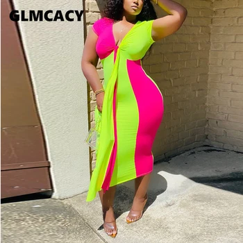 

Women Short Sleeve V-neck Color Block Tie Bodycon Dress Chic Plus Size Slim Fit Dresses