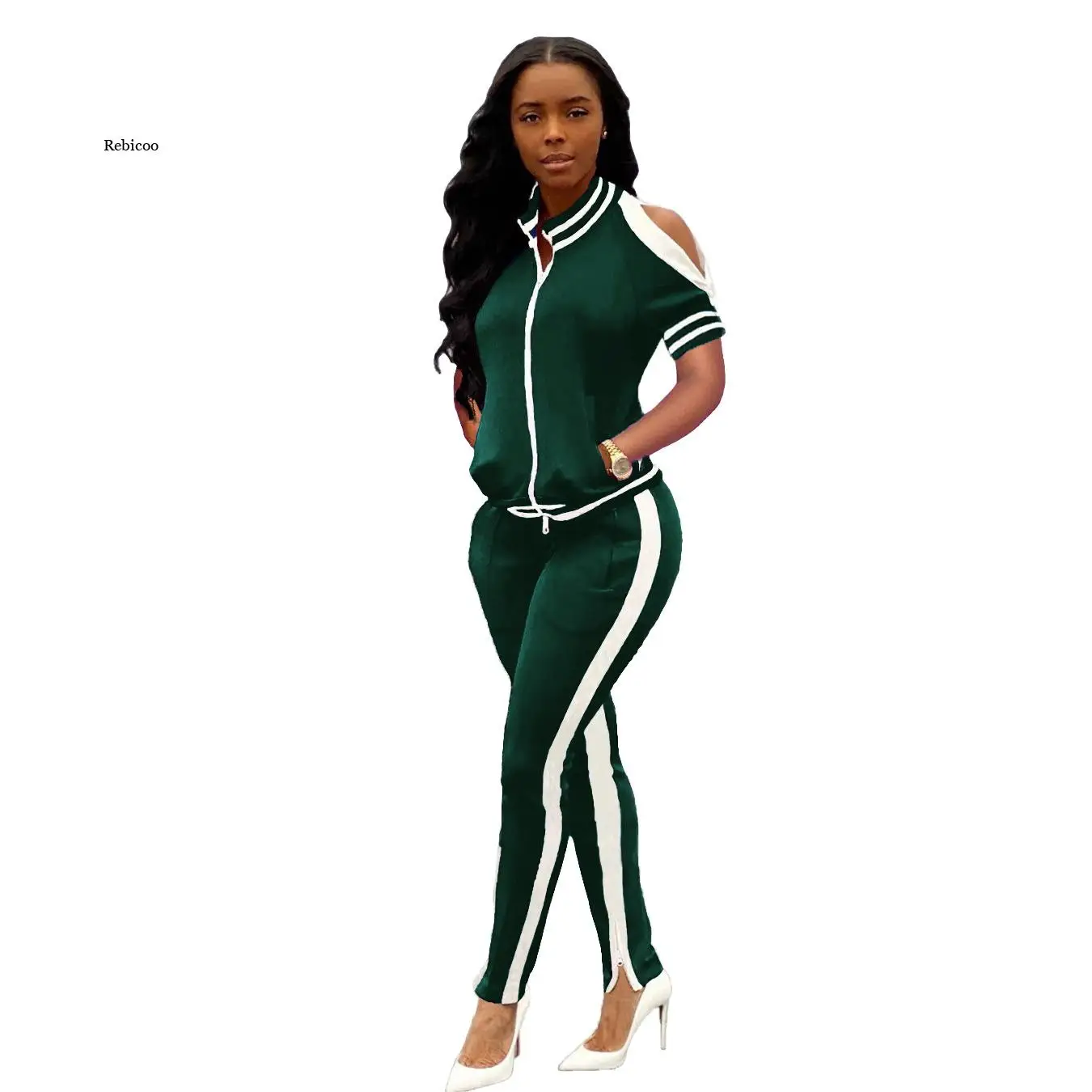 

Women's Set Patchwork Zipper Up Short Sleeve Jacket Sweatpants Jogger Suit Tracksuit Matching Set Outfit 2Pcs Set