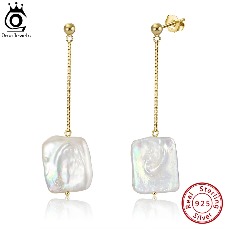 

ORSA JEWELS Trendy Baroque Freshwater Pearl Dangle Earrings for Women 925 Silver 20mm Big Flat Pearl Drop Earrings Jewelry GPE05