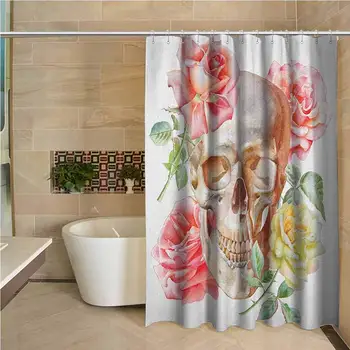 

Skull Professional Shower Curtain Skull with Roses Living and The Dead Humor Romantic Evil Face Image Art Design Decorative