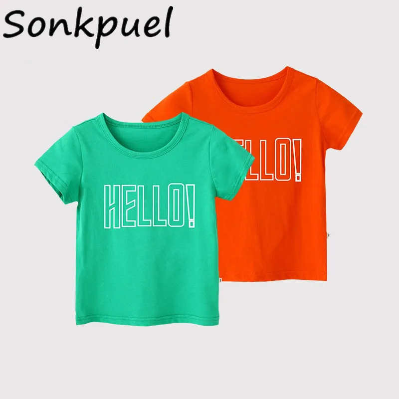 Sonkpuel/футболки для девочек; хлопковые топы с короткими рукавами для маленьких мальчиков; футболки для мальчиков; Детские футболки с рисунком «HELLO» для мальчиков и девочек; детская одежда