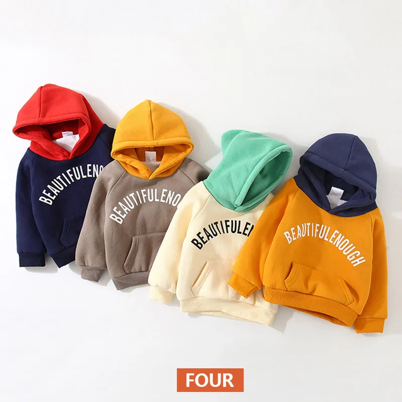Kids Winter Hoodies Sweatshirt Plus Velet Letter Print Color Patchwork Thickening Fleece