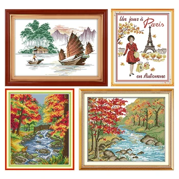 

Joy Sunday Autumn scene series DIY cross stitch kit patterns printed 14CT counted DMC fabric Chinese needlework embroidery decor