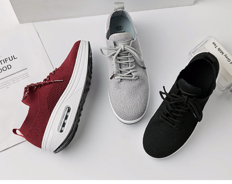 Women Flat Shoes Comfortable Platform Shoes Mesh Casual Sneakers Thick Heel Swing Wedges Shoes Black Lace Up Walking Shoes