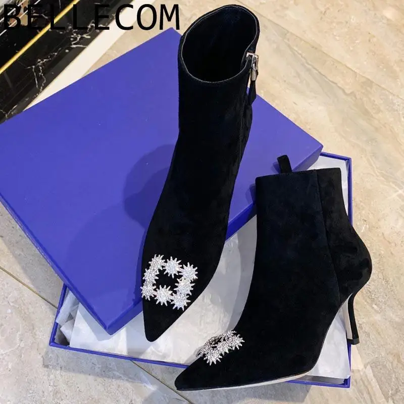 

BELLECOM Snow Rhinestone Buckle Kitten With Short Boots Woman 2019 Thin Boots Tide Genuine Leather Fine With And Ankle Boots