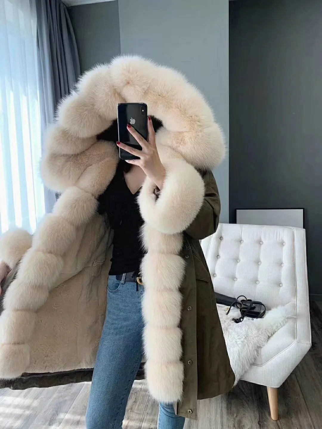 green beige Женская длинная парка OFTBUY, с натуральным мехом лисы на воротнике и капюшоне и съемным мехом кролика на подкладке, зимняя куртка, уличная одежда - Цвет: green beige