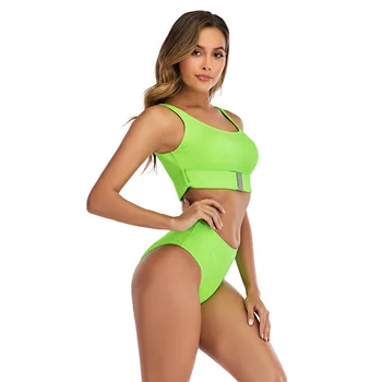 

Hot Selling Two-Piece Swimsuits Bikini Sexy High Waist Pure Color Metal Buckle Bikini European and American New Swimsuit Women