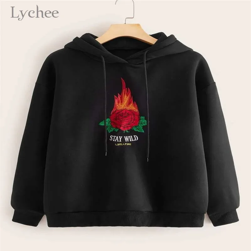Lychee Harajuku с вышитыми розами и буквами Женские флисовые толстовки с капюшоном повседневные свободные женские толстовки весенне-осенние женские топы