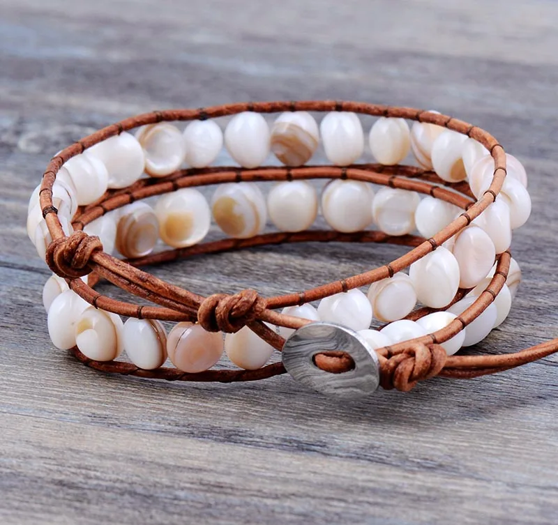 Unique Natural Random Shape Shell Beads Leather Wrap Bracelet Multi Layered Beads Bracelet Natural Stone Bracelet Jewelry