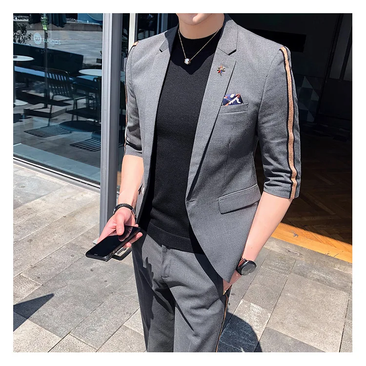 Tops+ pants) casual business seven points sleeve suit men's suit summer handsome night Slim barber suit suit wedding