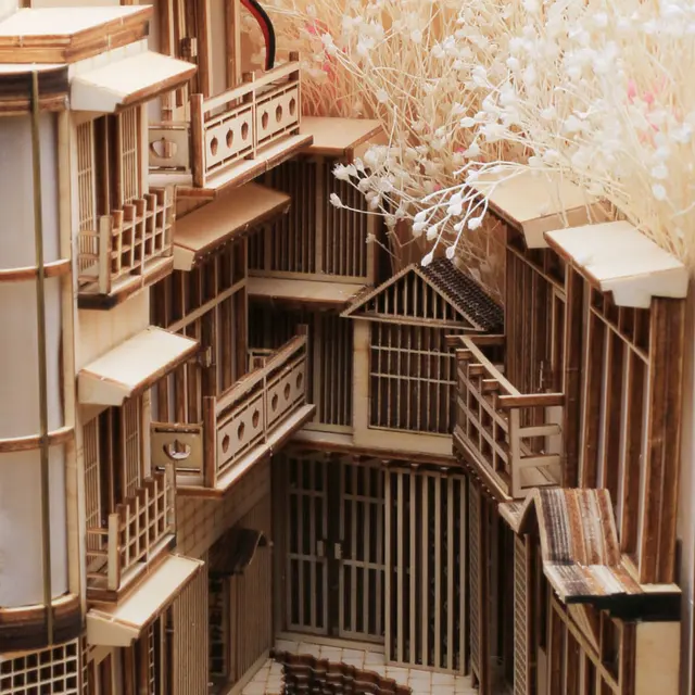 Spiriteds Away DIY Wooden Dragon Alley Book Nook Shelf Insert Kits Ginzan Onsen Building Bookends Anime Bookshelf Furniture Toys 4