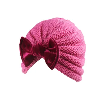 Baby Girls Solid Knitted Hat With Pleuche Bowknot Newborn Beanie Caps Big Bow Headwear Infant Toddler Hats Beanie Kids Headband 5
