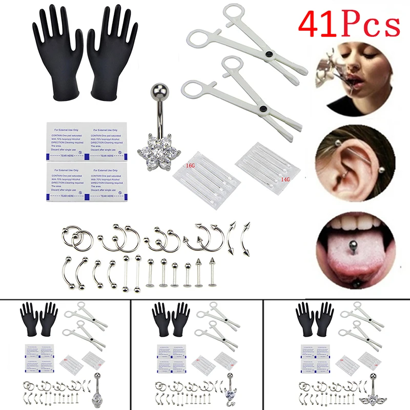 41PCS/Set 14G 16G Tong Ring Neus Wenkbrauw Lippen Septum Tang Piercing Naalden Lichaam Sieraden Body Piercing Sieraden Kits Sets