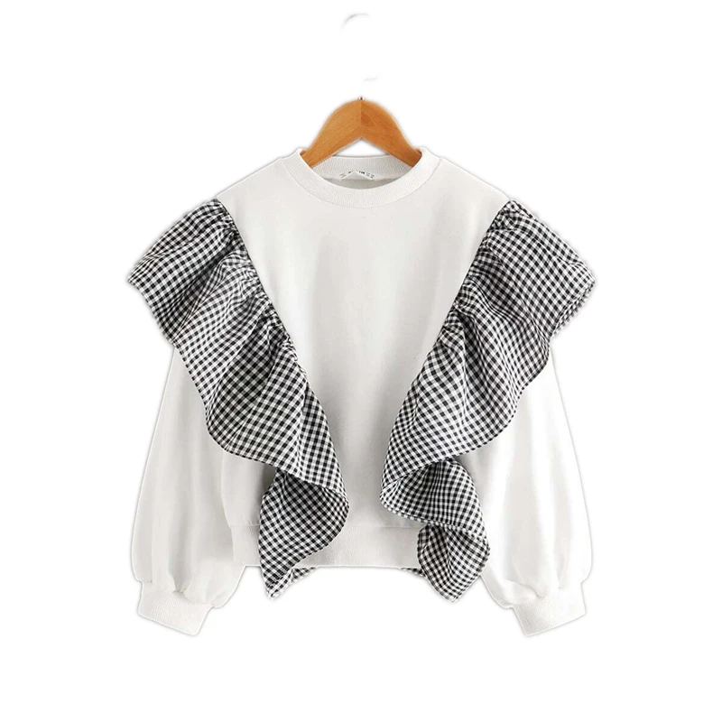 SHEIN/детская белая толстовка в клетку с оборками для девочек; коллекция года; сезон осень; повседневные толстовки с длинными рукавами для подростков