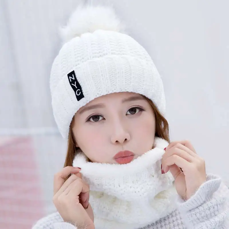 Hat female Korean tide autumn and winter fashion warm knitted wool hat winter hat female cute winter - Цвет: White