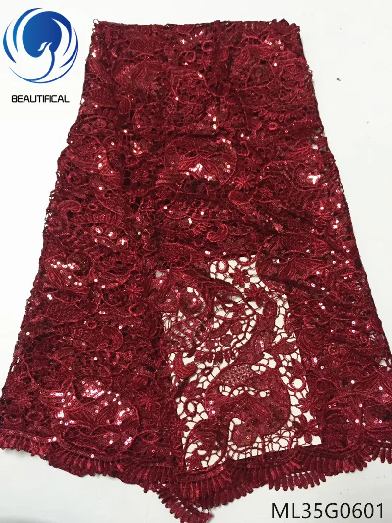 

BEAUTIFICAL nigerian cord lace fabric water soluble lace sequins embroidery fabric for dress Hot sale guipure lace ML35G06