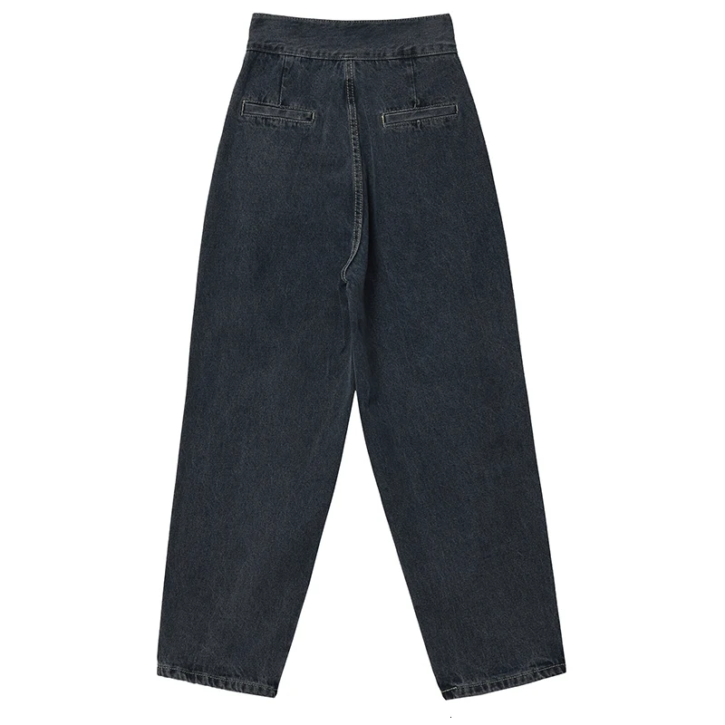 [EAM] Свободные плиссированные длинные джинсы для отдыха с разрезом, новые свободные женские брюки с высокой талией, модные весенне-осенние 1K550