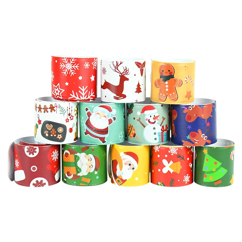 10pcs Christmas Slap Bracelets Santa Claus Snowman Elk Tree Printed Colorful PVC Wristband Child Kids Gifts Xmas Party Supplies