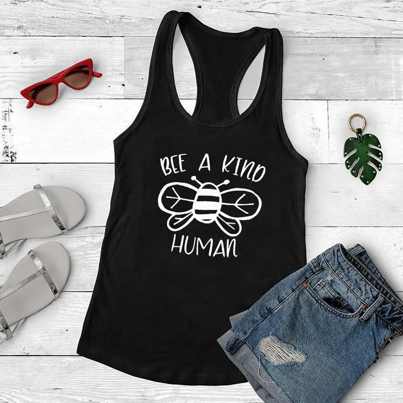 Жилет Bee A kind Human kind ness, модные безрукавки, женские забавные майки с рисунком, летние вдохновляющие рубашки без рукавов - Цвет: black-white text