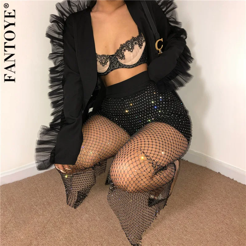 Fantoye New Crystal Diamond Shiny Women Pants Summer Sexy Hollow Out Elastic Fishnet Trousers Fashion See Through Beachwear Pant hot pants