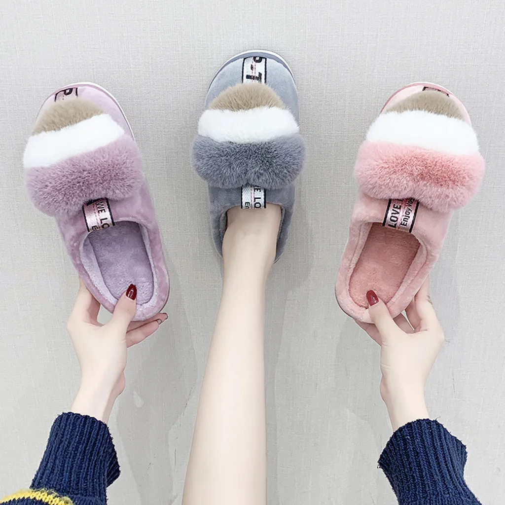 Cute Heart Fur Slides Women Winter Furry Slippers Ladies Warm Indoor Shoes Soft Plush Lovely Female Thermal Home Slippers#YL5