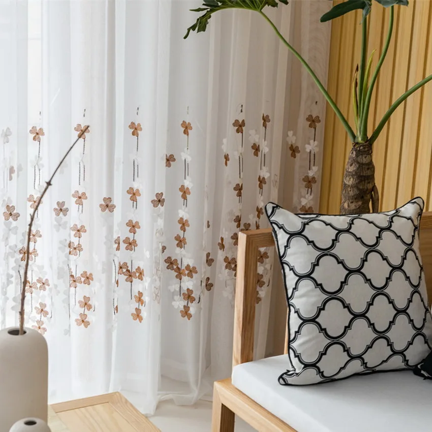 Готовые изготовленные на заказ кофейные цветные листья вышивают прозрачные тюль шторы для гостиной для двери в спальню, на кухню для окна домашний декор M155#4