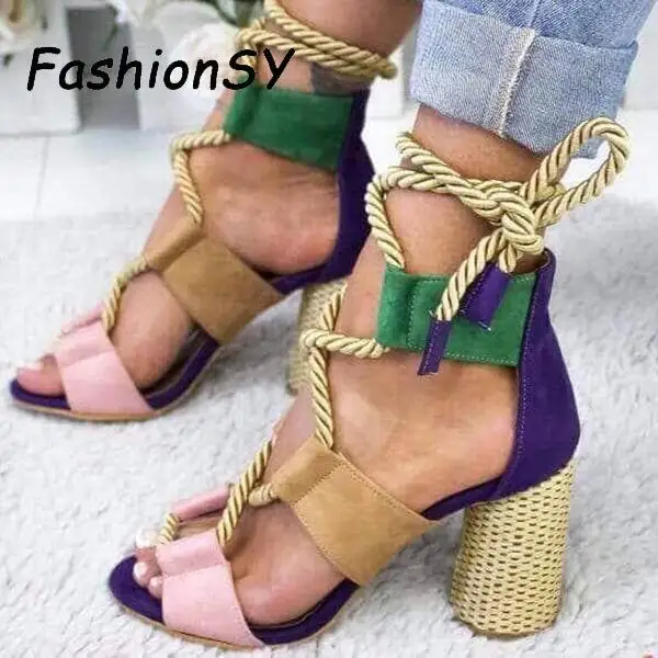 

2019 New Women Sandals Shoes woman Wearing Mixed Colors Style Clear Colorful Strappy Sandals High Heels Shoes Mid Heel Shoes