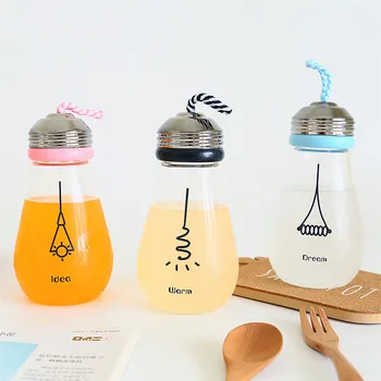 

Cute Funny Bulb Water Bottle with Lid Sleeve Creative Kawaii Bike Sport Glass Bottle Girl Student Children