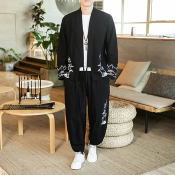 

Japanese Streetwear Long Sleeve Kinomo Shirt+Pants 2pcs Set Men Hip Hop Chinese Bamboo Printed Tracksuit Men Casual Spring Sets