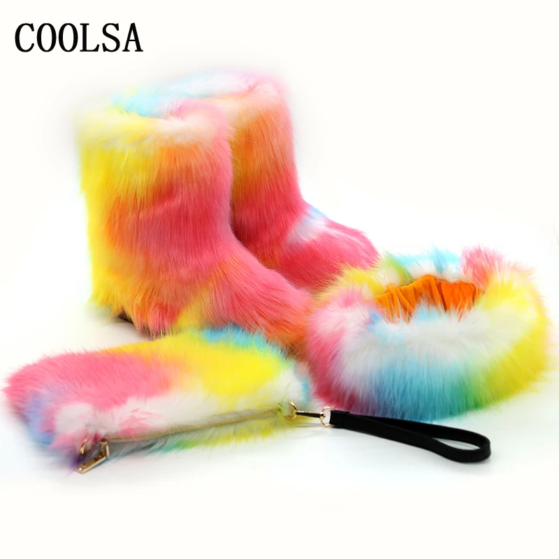 Coolsa/женские зимние ботинки на лисьем меху; комплект с сумкой и повязкой на голову; меховые ботильоны; пушистые плюшевые ботинки; зимняя теплая обувь; женские меховые ботинки на плоской подошве; Botas Mujer - Цвет: Rainbow color