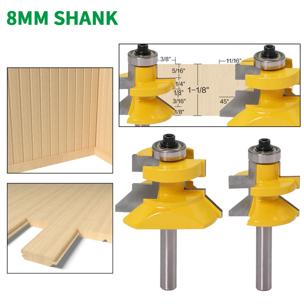 

2PCS/Set 8MM Shank Milling Cutter Wood Carving V Groove & Matched Tongue Router Bit Set W/ Premium Ball Bearings Woodworking
