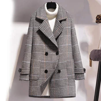 

High end Houndstooth Wool Coat Women Autumn Winter Korean Double-breasted Popular Plaid Wool Blend Coat Fashion Ladies Outerwear