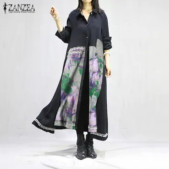 

BohWomen Bohemian Floral Printed Long Shirt Dress ZANZEA Spring Lapel Neck Vintage Patchwork Sundress Loose Tassel Vestido Femme