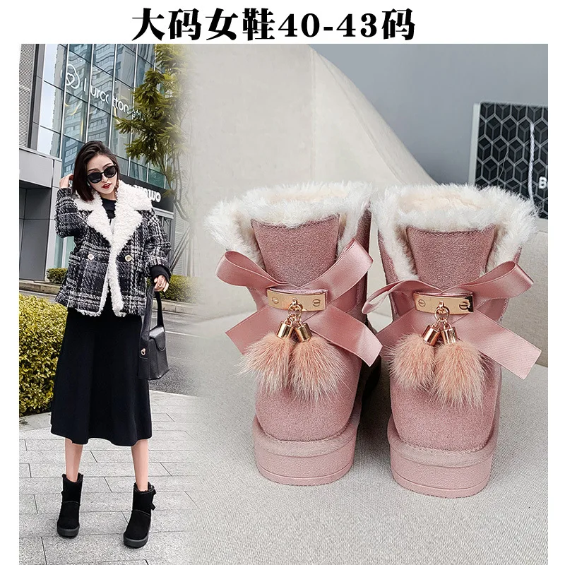 

2019 New Style Genuine Leather Snow Boots Fashion Winter Large Size 414243 Bow Short Cotton-padded Shoes Women's Thick Bottomed