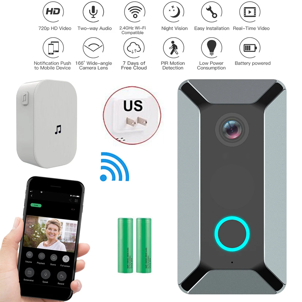 

Smart Video Door Bell WiFi Wireless Two-way Intercom Door Ring Bell 2.4GHz PIR Motion Detection Night Vision Remote Recording