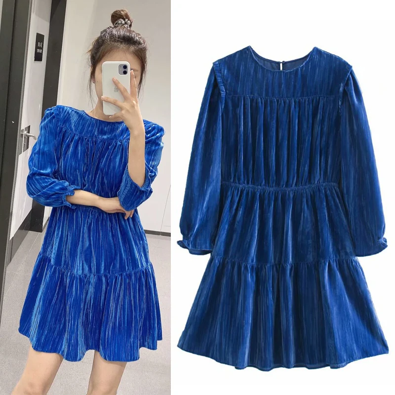 Autunno 2020 Za Blu Di Velluto Delle Donne Del Vestito Patchwork Cut Out Increspato Mini Vestito Da Donna A Maniche Lunghe Riuniti Vita Grembiule Autunno Vestiti Abiti Aliexpress