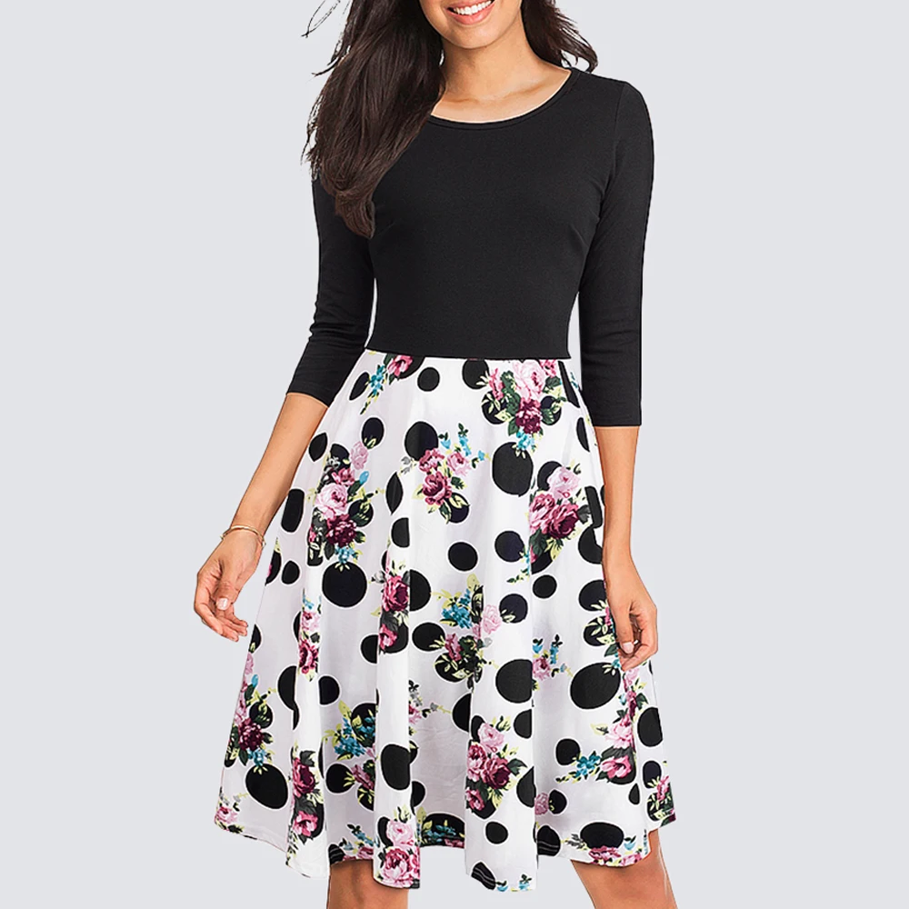 Abito Da Donna Retrò Con Stampa Floreale A Pois Casual O Collo Slim Swing Flare A Line 1Ha057