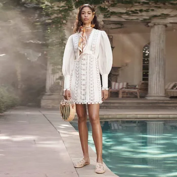 

XF White Lace Vintage Dress 2020 New Spring And Summer Catwalk High Quality Designer Women'S Long Sleeve Sexy Party Mini Dresses